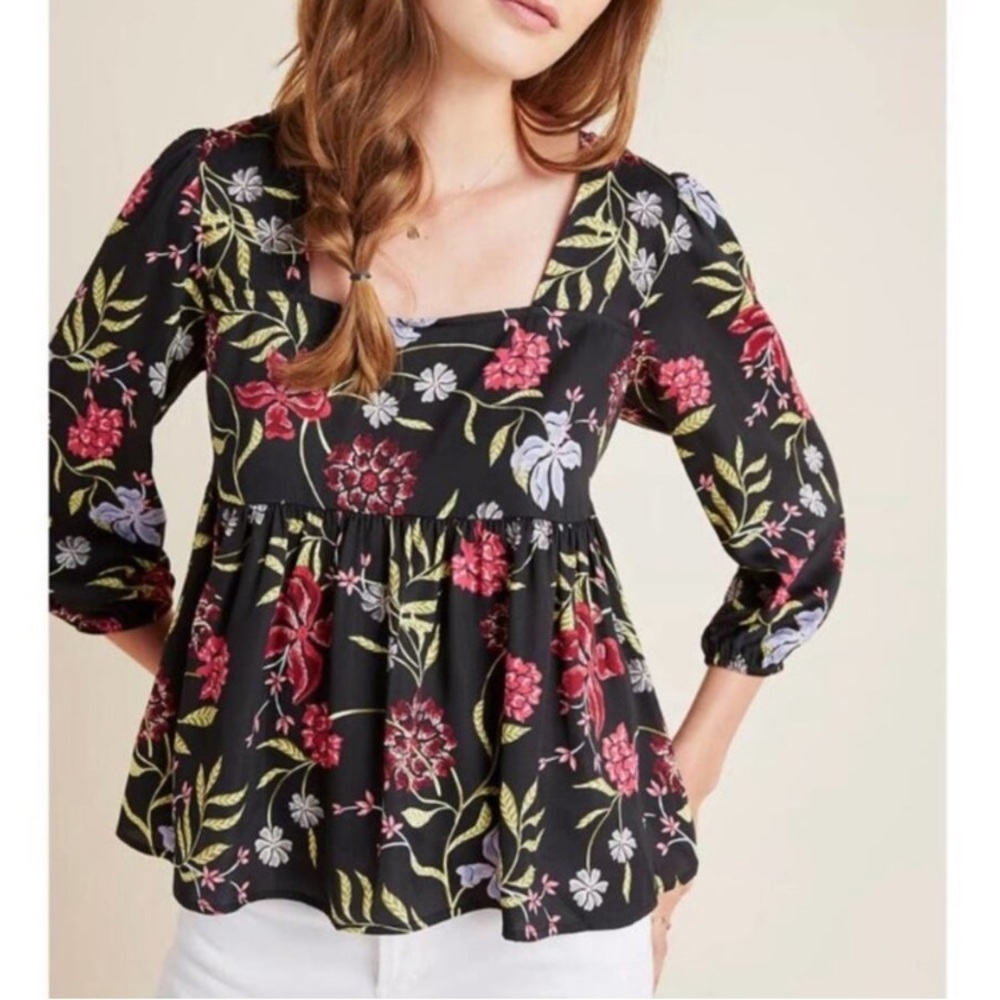 Anthropologie Dolan Cherie Babydoll Top Black Red Dark Floral Flowy Shirt Top